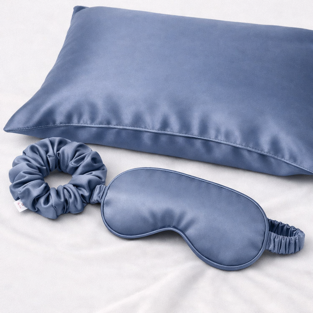 Premium mulberry silk sleep gift set by Jazz La Moie including a silk pillowcase, silk eye mask, and silk scrunchie designed for hair and skin care.