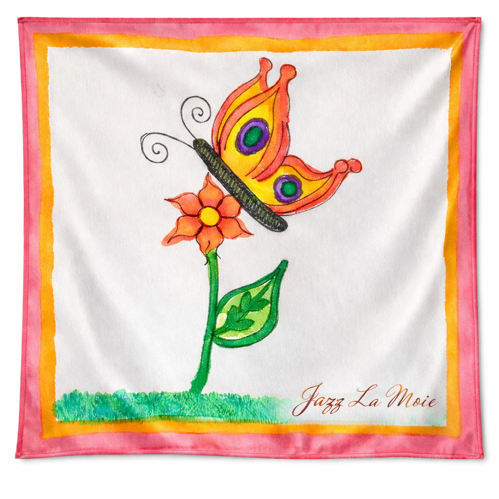 Luxury silk twill scarf featuring a child’s drawing, transformed into a meaningful keepsake by Jazz La Moie
