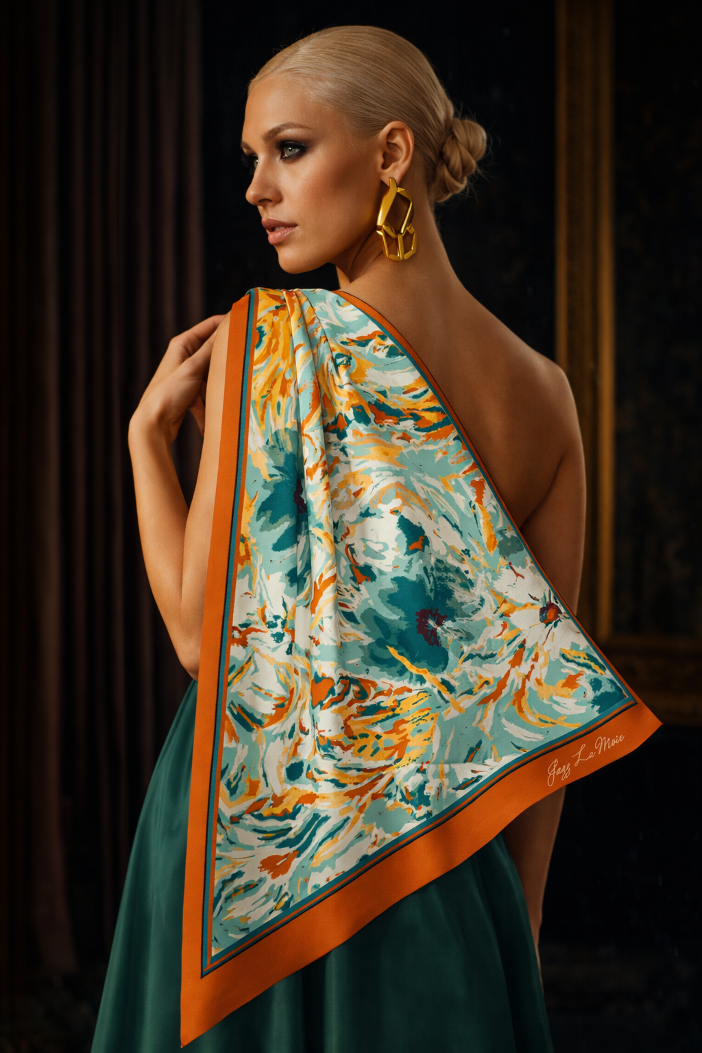 A lady styling in Azura Silk Twill Scarf by Jazz La Moie