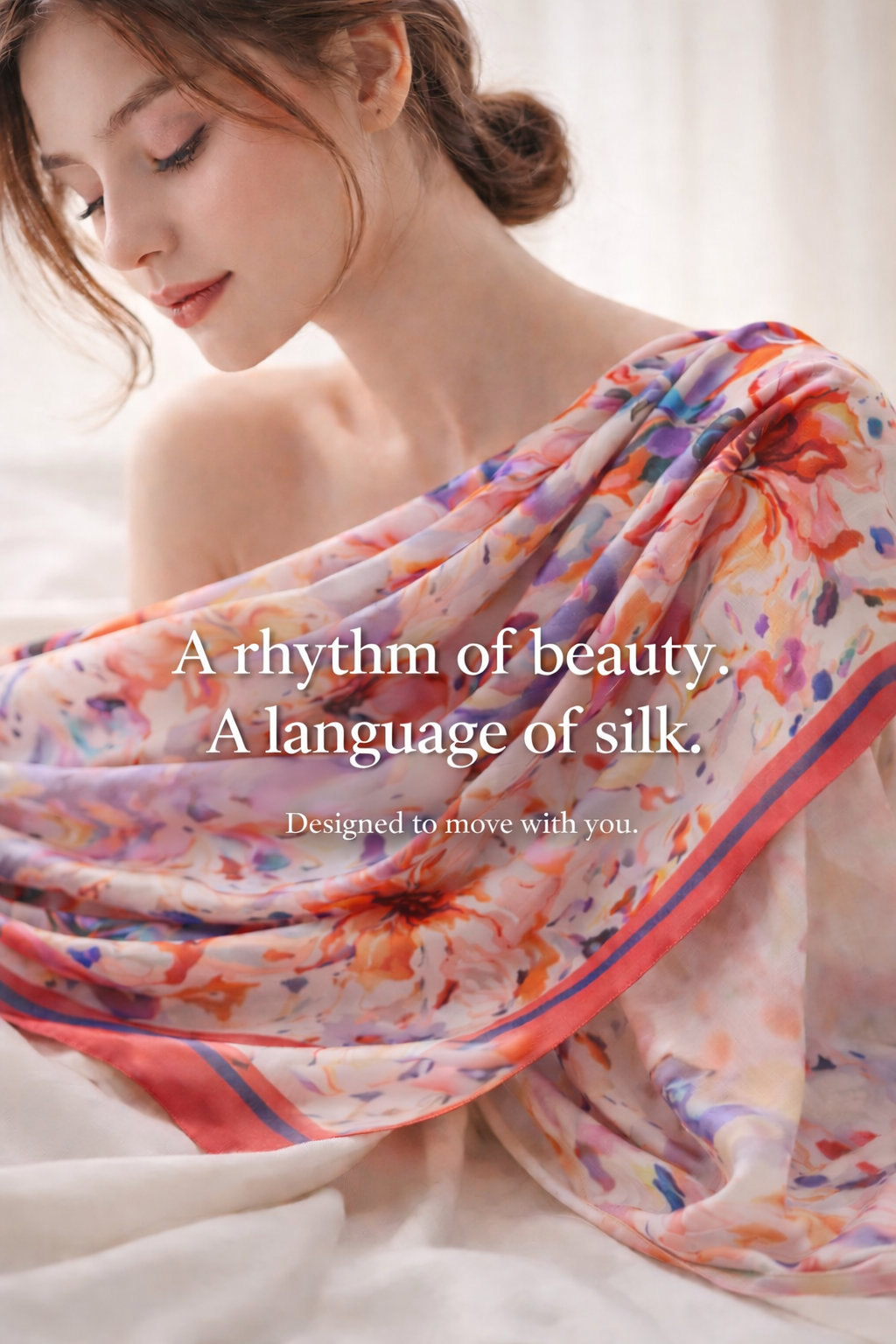 Luxury silk scarf by Jazz La Moie, floral silk twill worn by woman in elegant soft light”