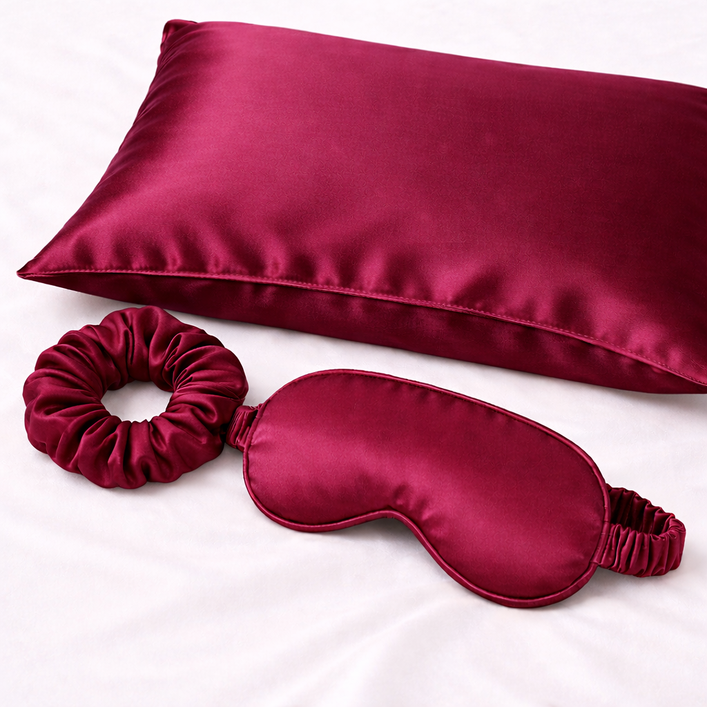 Pure mulberry silk pillowcase 3pcs set in burgundy for hair and skin care – Jazz La Moie