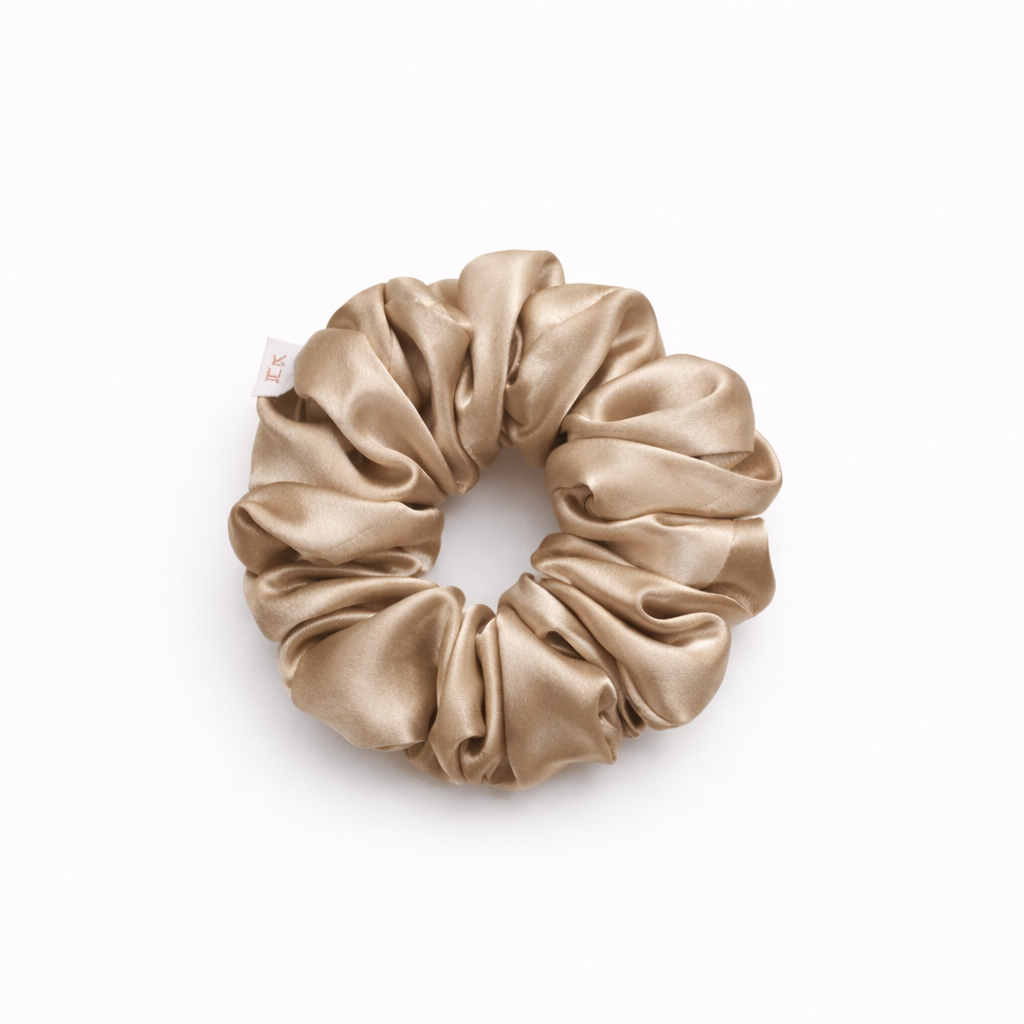 Jazz La Moie champagne beige mulberry silk scrunchie with soft shine and gentle hair-friendly finish