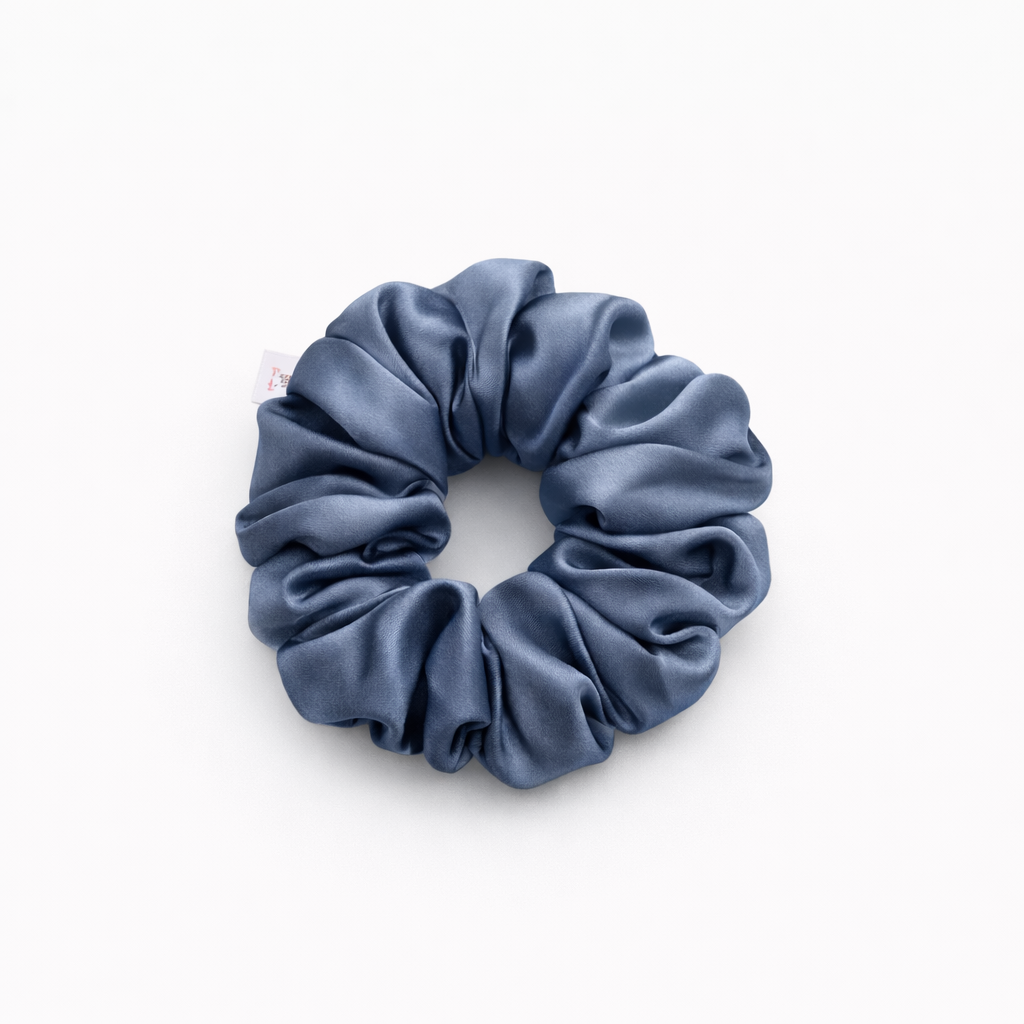 Jazz La Moie provencial blue mulberry silk scrunchie with soft shine and gentle hair-friendly finish