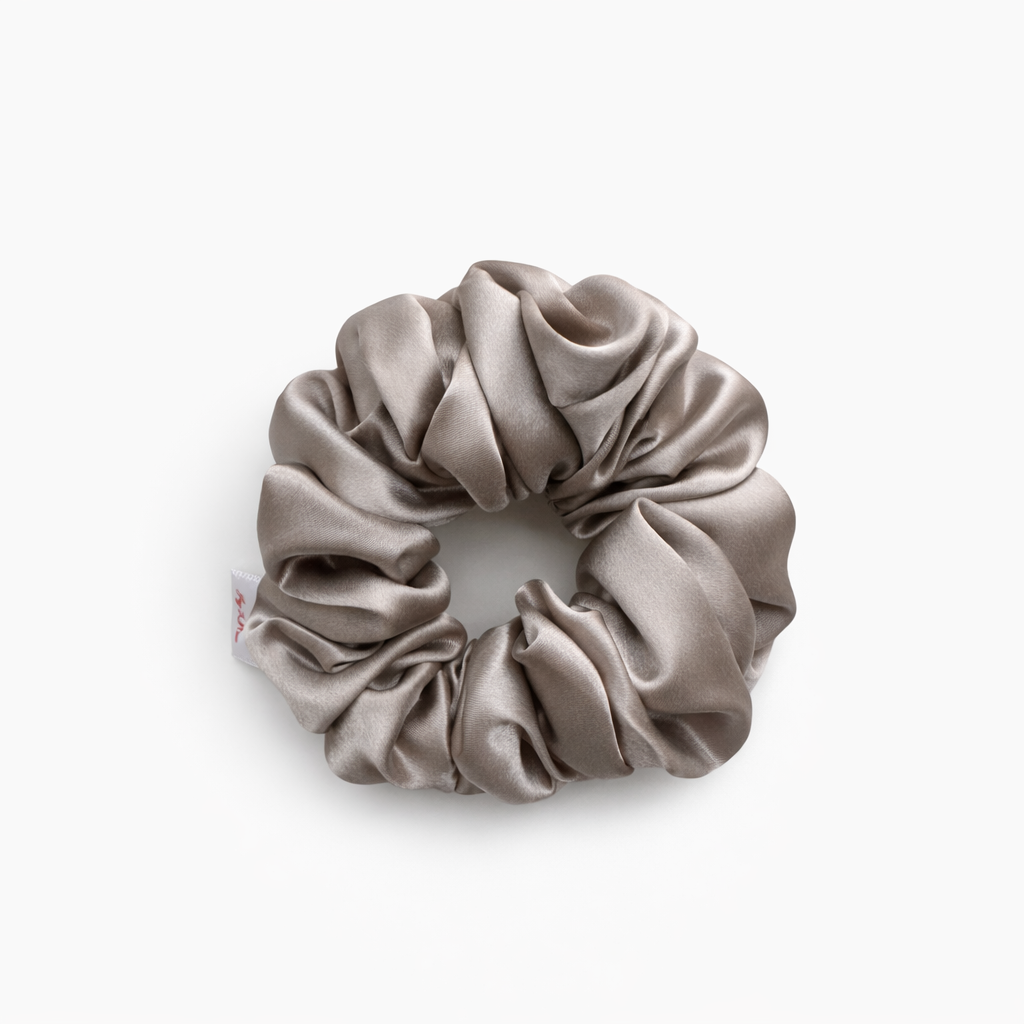 Jazz La Moie soft greige mulberry silk scrunchie with soft shine and gentle hair-friendly finish