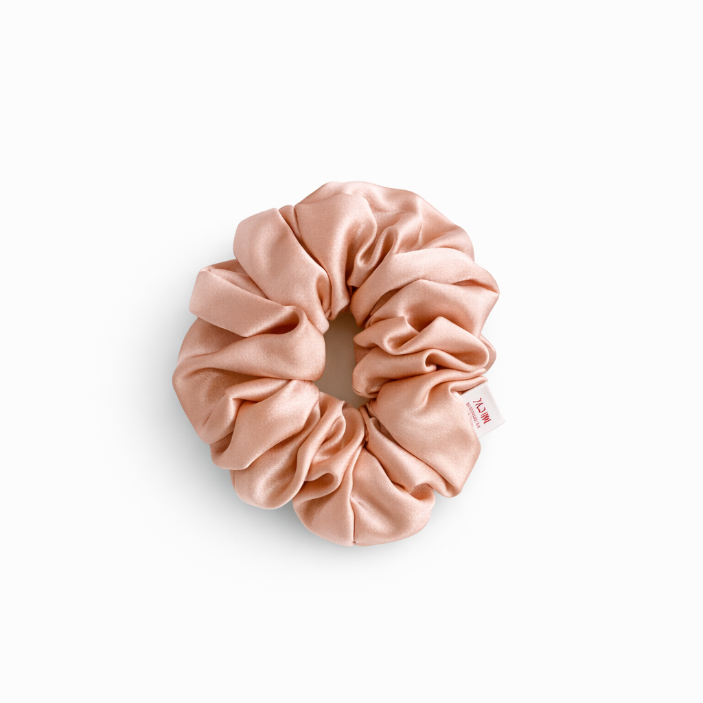 Jazz La Moie rose champagne mulberry silk scrunchie with soft shine and gentle hair-friendly finish”