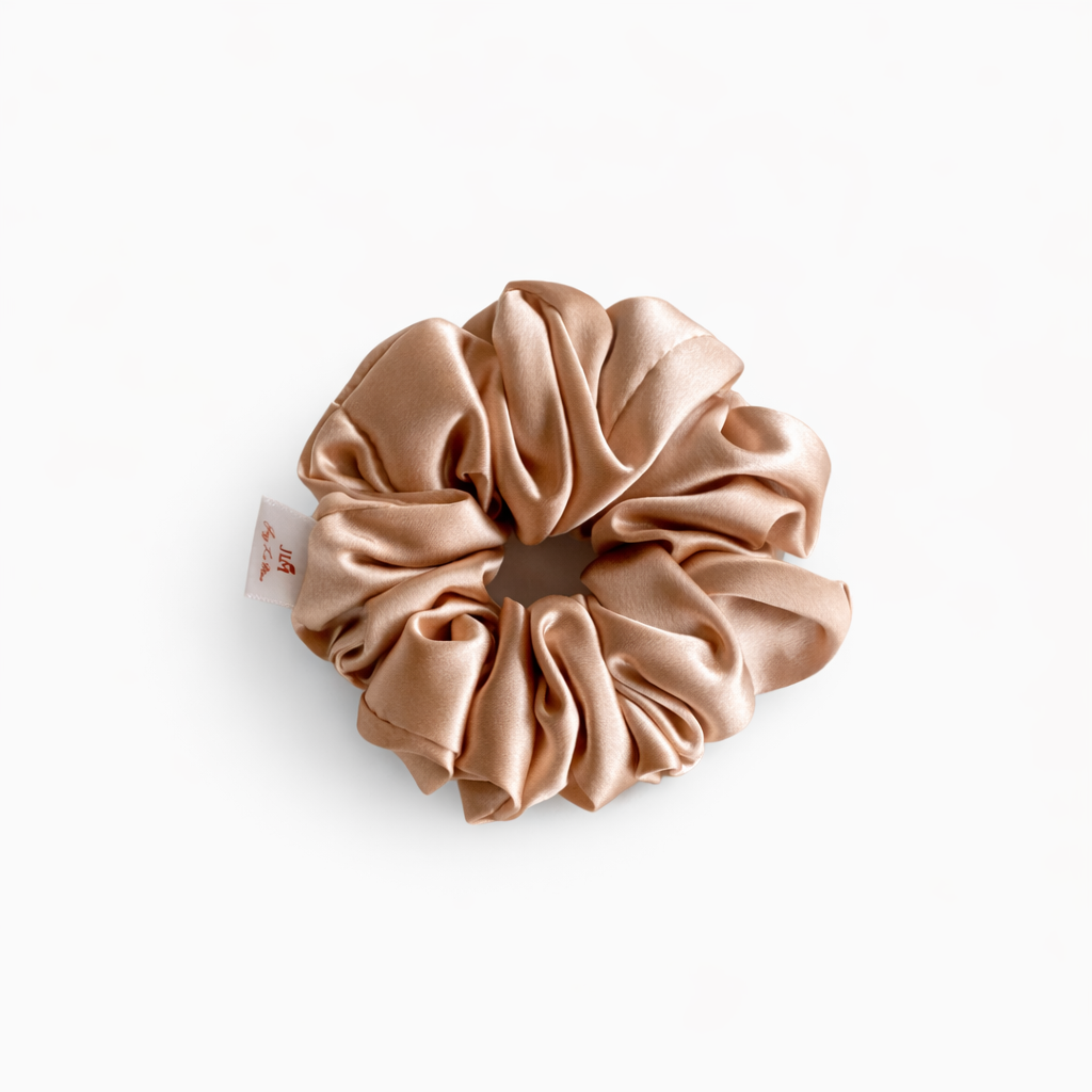 Jazz La Moie bronze mist mulberry silk scrunchie with soft shine and gentle hair-friendly finish