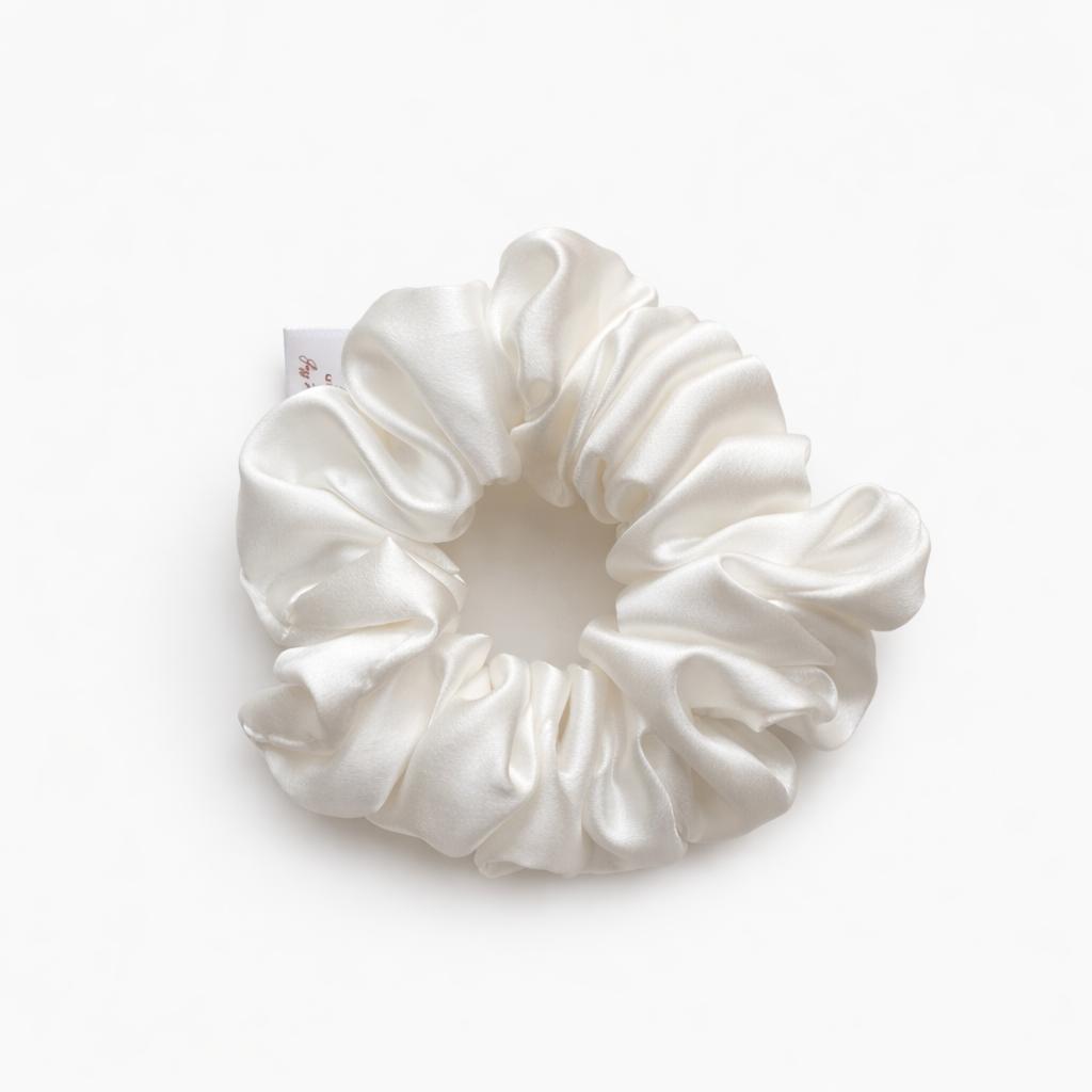 Jazz La Moie pearl white mulberry silk scrunchie with soft shine and gentle hair-friendly finish