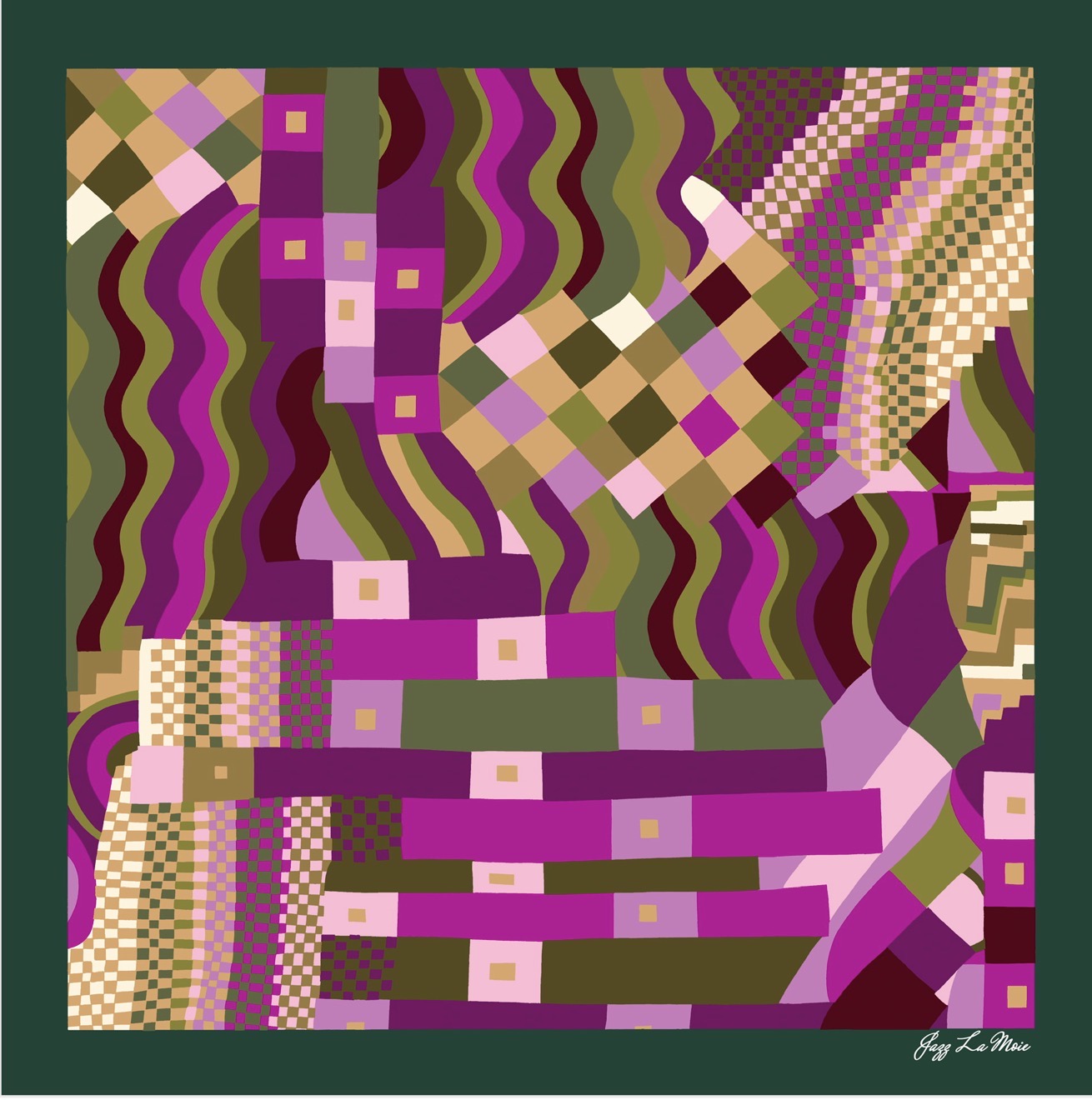 Mosaïque luxury silk scarf 53x53 – fuchsia olive geometric silk twill carré by Jazz La Moie
