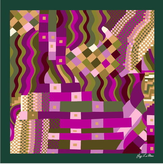 Mosaïque luxury silk scarf 53x53 – fuchsia olive geometric silk twill carré by Jazz La Moie