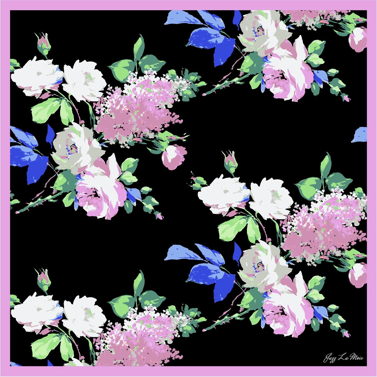 Rêverie floral silk scarf black background pastel flowers 53x53 silk twill by Jazz La Moie