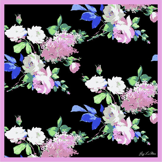Rêverie floral silk scarf black background pastel flowers 53x53 silk twill by Jazz La Moie